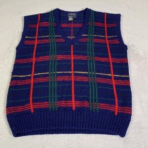 Vintage Allen Solly Sweater Vest Mens S Blue Plaid V Neck 100% Wool Knit Uruguay